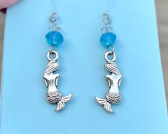 Metal Free Mermaid Dangle Earrings, Hypoallergenic Plastic Hook For Sensitive Ears, Mythical and Magical Beach Lover Gift