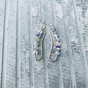 May include: A pair of silver earrings with iridescent crystal beads. The beads are arranged in a graduated pattern, with the largest bead at the bottom and the smallest bead at the top.