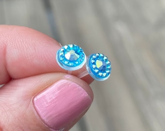 Sparkly Turquoise Metal-free Studs For Sensitive Ears, Plastic Post Earrings, No Metal Hypoallergenic Earrings, Great for Children or adults