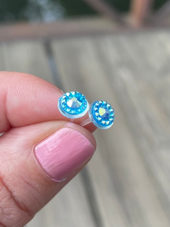Sparkly Turquoise Metal free Studs for Sensitive Ears Plastic