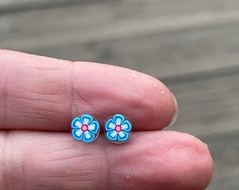 Metal free Studs, Small Blue Flower on Plastic Posts For Sensitive Ears, Metal Free Hypoallergenic earrings, Great for kids or Adults