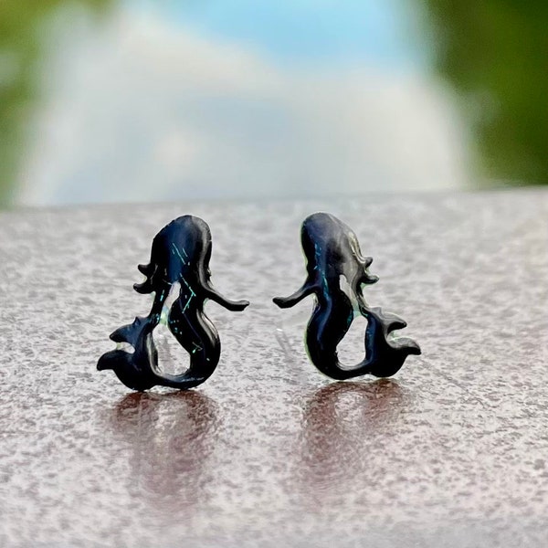 Plastic Post Studs, Black Mermaid Earrings For Sensitive Ears, Metal Free Hypoallergenic Stud Earrings For Kids or Adults