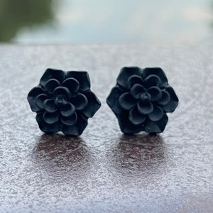 Black Succulent Flower, Plastic Post Studs for Women with Sensitive Ears, Non Metal Earrings, Hypoallergenic Earrings for Adults