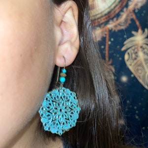 Verdigris Earrings, Hand Painted Patina Tribal Earrings, Turquoise Bohemian Earrings, Boho Jewelry, Ethnic earrings, Hippie Gift for her image 5