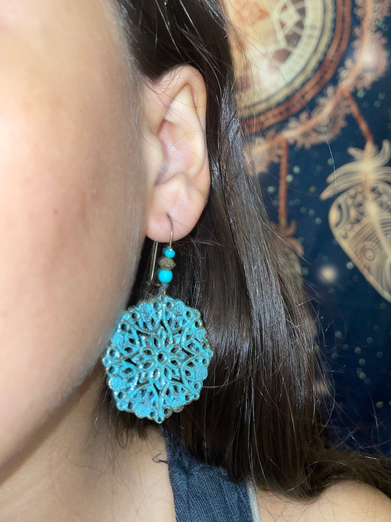 Verdigris Earrings, Hand Painted Patina Tribal Earrings, Turquoise Bohemian Earrings, Boho Jewelry, Ethnic earrings, Hippie Gift for her image 5