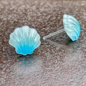 Blue Seashell Earrings, Plastic Post Shell Earrings, Metal Free For Sensitive Ears, Hypoallergenic Stud Earring, Gift for kids or adults