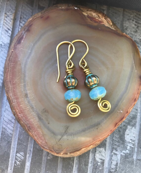 Boho Chic Dangle Earrings Light Turquoise /& Tan Etched Czech Glass Hot Spring.
