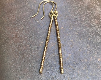Bronze Minimalist Earrings, Small Dainty Earring, Simple Dangle Earrings, Thin Beaded Stick, modern jewelry, Handmade earring
