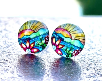 Non Metal Metal-Free Sunrise Earrings, Plastic Post Studs For Sensitive Ears, Colorful Hypoallergenic Stud Earrings For Women by GemInAShell
