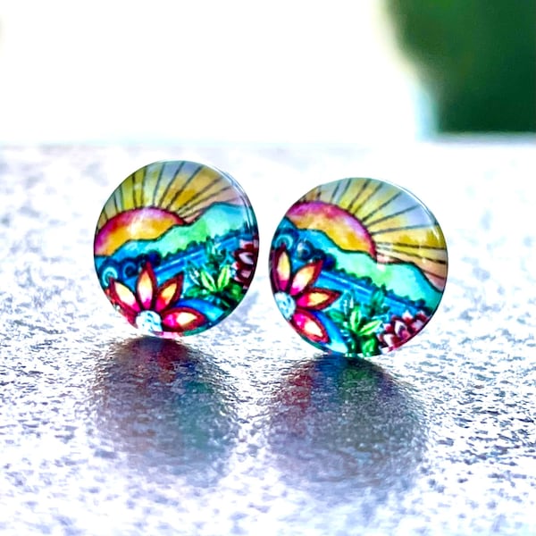 Non Metal Metal-Free Sunrise Earrings, Plastic Post Studs For Sensitive Ears, Colorful Hypoallergenic Stud Earrings For Women by GemInAShell