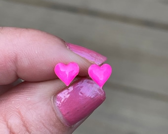 Plastic Post Earrings, Tiny 6mm Bright Pink Small Heart Studs For Sensitive Ears, Hypoallergenic Non-Metal Free, Great for kids or Adults