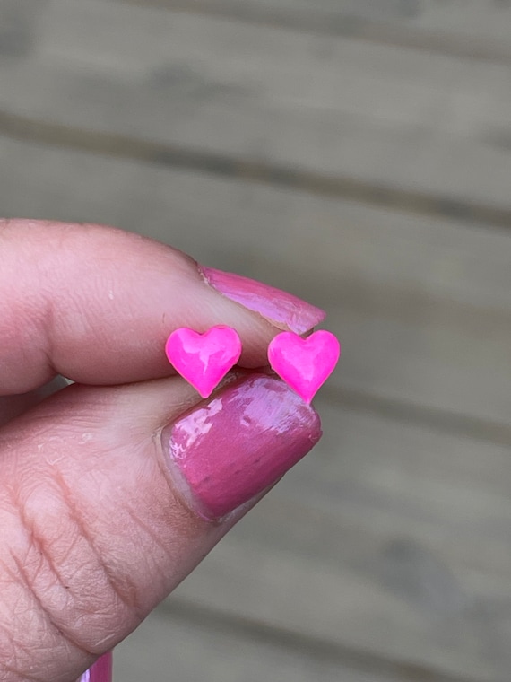 Plastic Post Earrings, Tiny 6mm Bright Pink Small Heart Studs For Sensitive Ears, Hypoallergenic Non-Metal Free, Great for kids or Adults