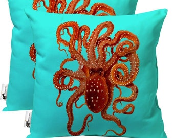 Vintage Nautical Octopus Outdoor Patio Pillows - Set of 2 - Teal Nautical Throw Pillows - USA Handmade | UBU Republic