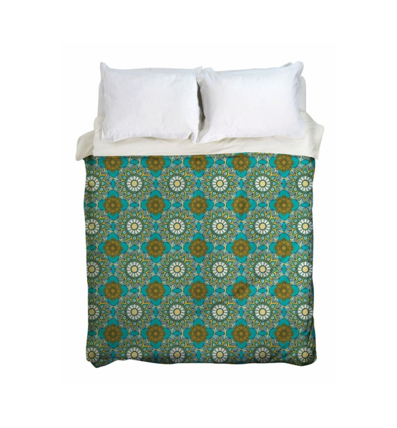 Lotus Green Boho Duvet Cover - Handcrafted Bohemian Boho-Style Retro Pattern Duvet | UBU Republic