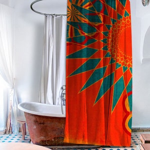 May include: A red, orange, and teal shower curtain with a geometric pattern. The pattern features a large sunburst design with a repeating pattern of circles and triangles.