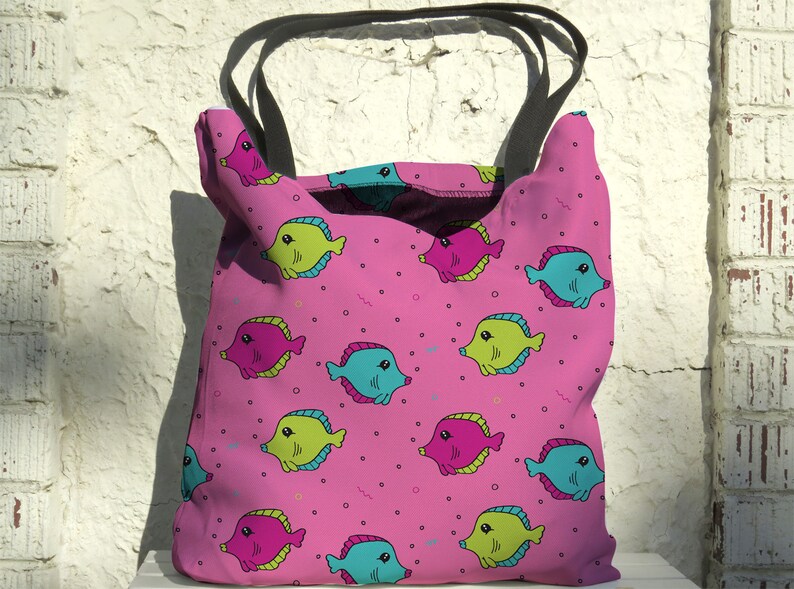 Artist Designed Tote Bag Fish Tank by Bigshot Robot UBU Republic 18 Inch Pink Beach Bag