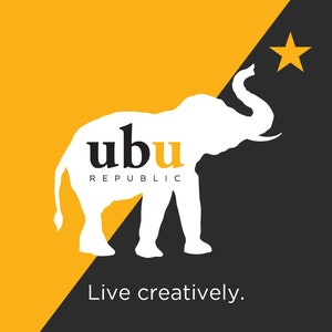 May include: A white silhouette of an elephant with the word "ubu" and "REPUBLIC" in black text. The elephant is facing right and has its trunk raised. A yellow star is in the top right corner of the image. The text "Live creatively." is in yellow at the bottom of the image.