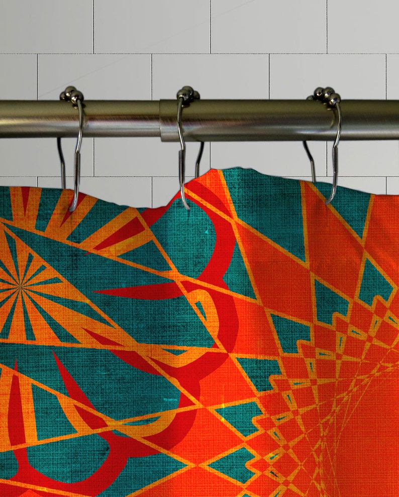 May include: A shower curtain with a geometric pattern in shades of orange, red, and teal. The pattern is made up of overlapping triangles and circles.