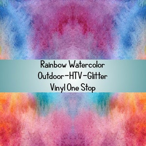 Może przedstawiać: Kolorowy projekt akwarelowy tęczy z niebiesko-zielonym banerem z napisem "Rainbow Watercolor Outdoor-HTV-Glitter Vinyl One Stop" i tekstem "12x24" w prawym g&oacute;rnym rogu.