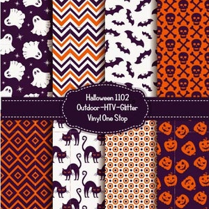 May include: Set of 10 Halloween digital paper patterns featuring various designs, including ghosts, bats, skulls, pumpkins, cats, and geometric patterns. The patterns are in orange, black, and white colors.