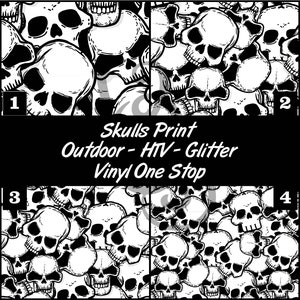 May include: Black and white skull pattern design. The design is repeated four times, numbered 1 through 4. The text "Skulls Print Outdoor - HTV - Glitter Vinyl One Stop" is at the bottom of the image.