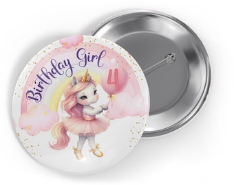 Custom Unicorn Birthday Button Pinback, Family Button, Badge, Photo and Text Button Pins, 1", 1.5", 2.25" or 3" Round Pins, Full Color