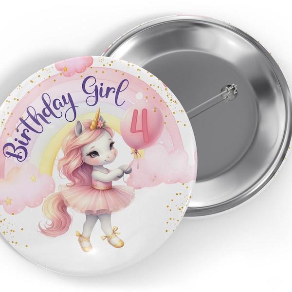 Custom Unicorn Birthday Button Pinback, Family Button, Badge, Photo and Text Button Pins, 1", 1.5", 2.25" or 3" Round Pins, Full Color
