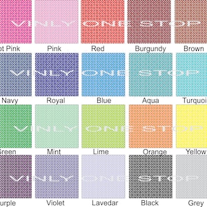 May include: A chart of 15 different coloured squares with white polka dots. The squares are labelled with the colour names: Hot Pink, Pink, Red, Burgundy, Brown, Navy, Royal, Blue, Aqua, Turquoise, Green, Mint, Lime, Orange, Yellow, Purple, Violet, Lavender, Black, Grey.