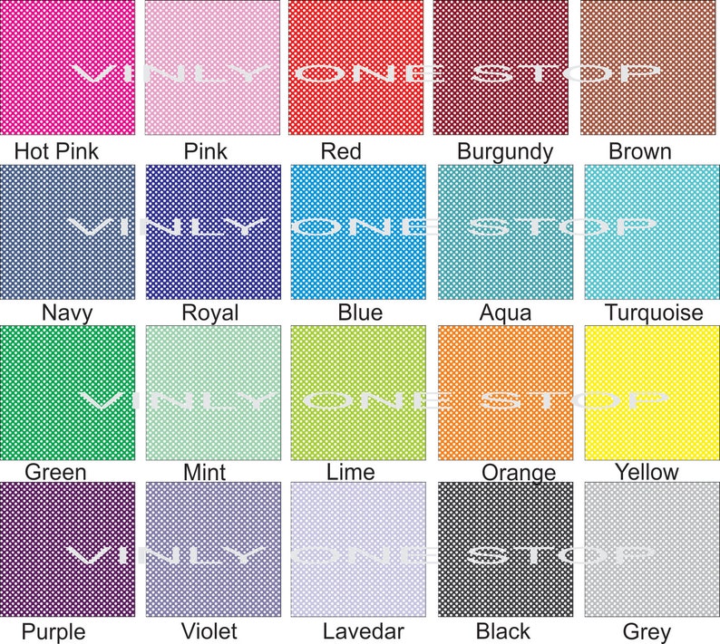 May include: A chart of 15 different coloured squares with white polka dots. The squares are labelled with the colour names: Hot Pink, Pink, Red, Burgundy, Brown, Navy, Royal, Blue, Aqua, Turquoise, Green, Mint, Lime, Orange, Yellow, Purple, Violet, Lavender, Black, Grey.