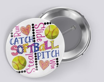 Softball Button Pinback, Bulldogs Pinback, Badge, Photo and Text Button Pins, 1", 1.5", 2.25" or 3" Round Pins, Full Color, Custom