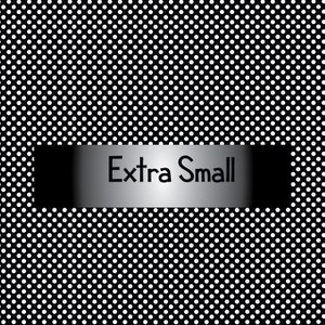 May include: Black and white polka dot background with a silver and black banner that says "Extra Small".