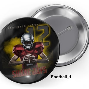May include: A black and yellow football pin with a player holding a football. The pin says "Your School Football" and "Shane Jays" with the number "12" in the background.