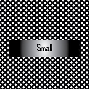 May include: Black and white polka dot pattern with a silver and black label that says "Small".