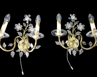 Pair Of Vintage Sconces Wall Lamps With Glass Leaves and Flowers Palwa