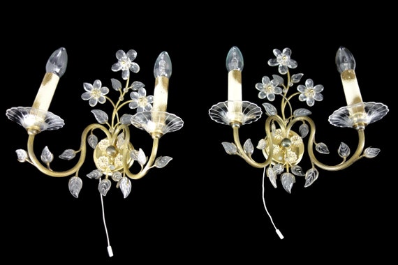 Pair Of Vintage Sconces Wall Lamps With Glass Leaves and Flowers Palwa