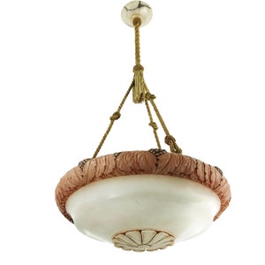 Enormous Art Nouveau German Carved Alabaster Chandelier Pendant With Wine Leaves Motif 1900s