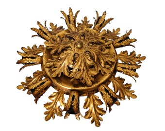 Large Gilt Hollywood Regency Sunburst Flush Mount Ceiling Light By Banci Firenze