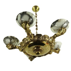 Gorgeous Art Nouveau Five Arm Alabaster & Brass Chandelier 1910s