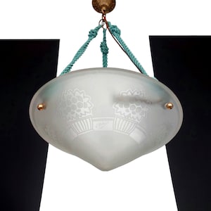 Rare Art Deco Etched Glass Pendant Ceiling Light Signed By J. Robert 1925 France