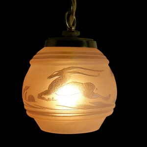 Small & Original Art Deco Ceiling Light With Etched Gazelle Decor Glass Signed Maillard France 1920s