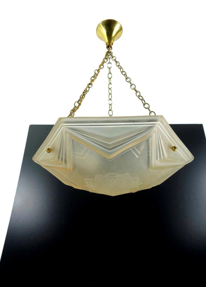 Stunning Art Deco Glass Chandelier Signed By Muller Freres Luneville 1930s