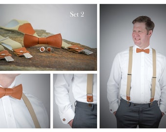 Leather bow tie set / groom bow tie / elegant bow tie / wedding suspenders / wedding cufflinks / wedding bow tie