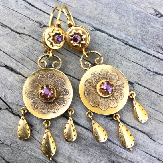 Victorian Gold Chandelier Earrings with Engraving
