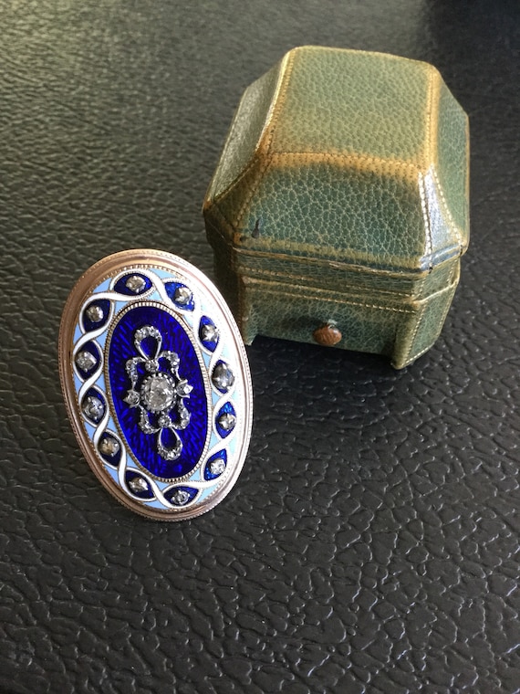 Huge Victorian Blue Enamel and Diamond Ring