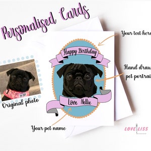 Biglietto personalizzato, Biglietto di compleanno, Biglietto dal cane, Carta dal gatto, Carta ritratto dell'animale domestico, Ritratto disegnato a mano, Carta personalizzata, Carta di perdita dell'animale domestico