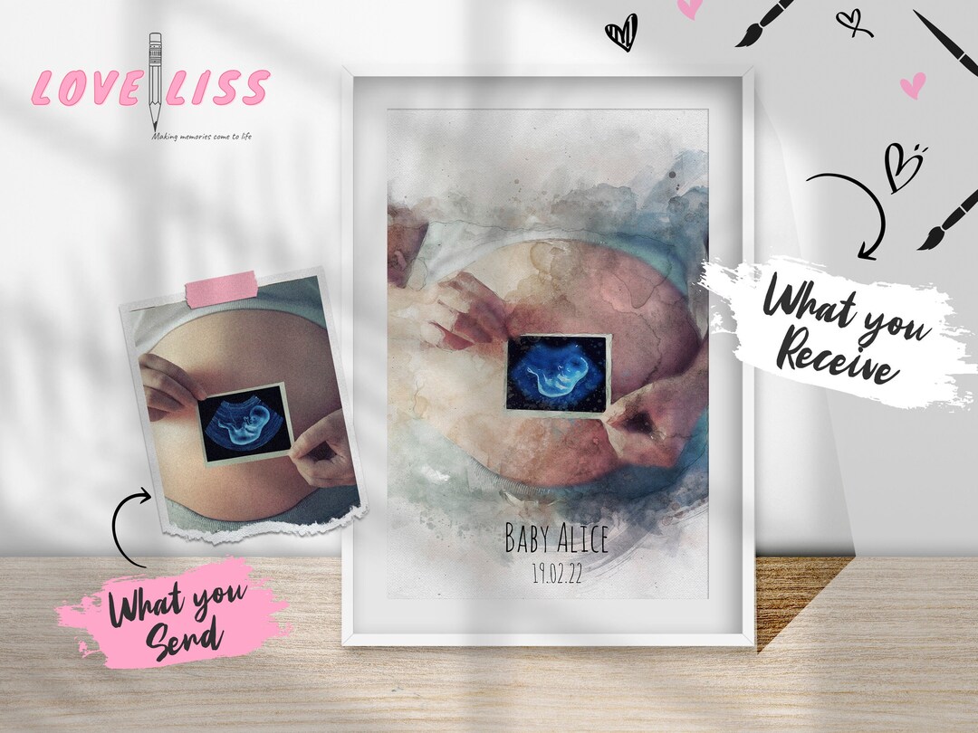 Baby Scan Ink Personalised Baby Scan Ultrasound Watercolour, Baby Scan Portrait ...