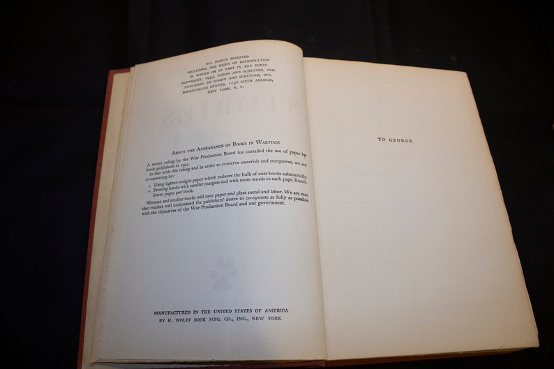 May include: A close-up of the copyright and manufacturing information page of a book. The text reads "About the Appearance of Books in Wartime" and "Manufactured in the United States of America by H. Wolff Book Mfg. Co., Inc., New York".