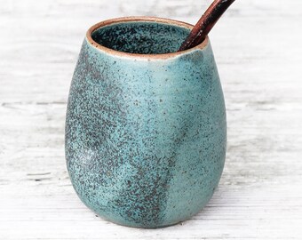 Handmade ceramic gourd for yerba mate. Modern minimalist artisan stoneware cup. Wheel thrown pinched pottery calabash handcrafted drinkware