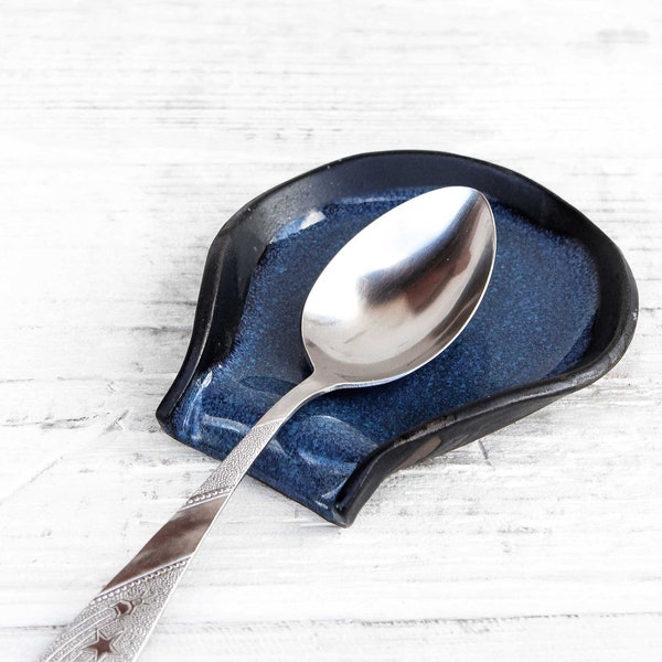 Small ceramic spoon rest handmade. Black blue, handcrafted spatula plate. Kitchen utensils pad tool. Modern farmhouse simple minimalist dish