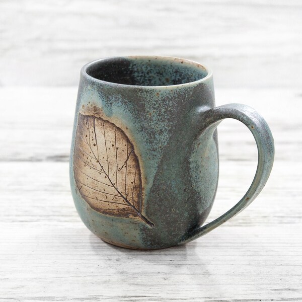 Slim, stoneware coffee mug handmade, with leaf imprint. Artisan handcrafted, wheel thrown pottery farmhouse, nature lovers ceramic tea cup